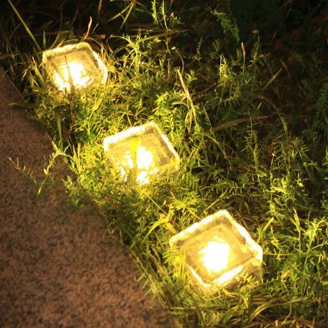 Lampe solaire de sol en forme de brique de glace avec interrupteur automatique, étanche, pour éclairage extérieur, avec batterie, blanc chaud. (1/5)