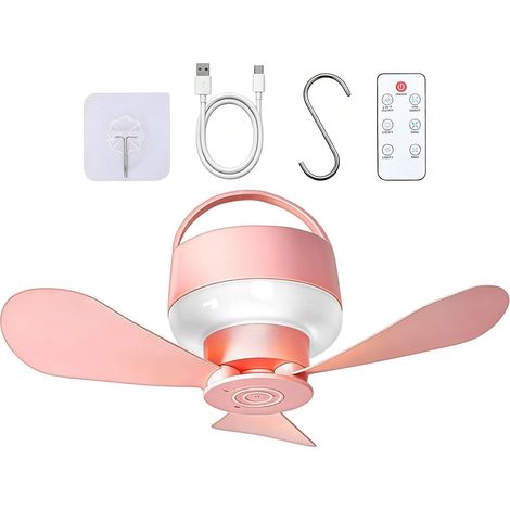 Ventilateur de plafond spécifique pour tente avec lumière rechargeable et télécommande (rose) (1/5)