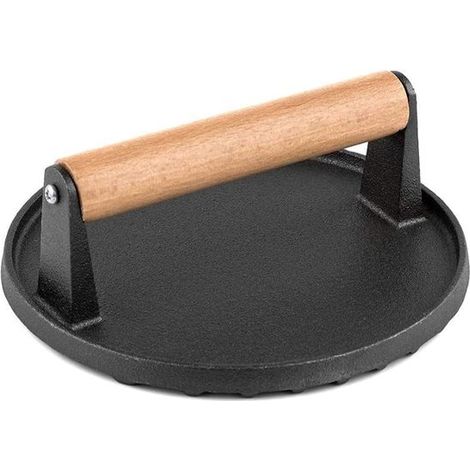 Prensa redonda de hierro fundido pesado de 7 pulgadas para tocino con mango de madera maciza para uso doméstico y comercial (1/2)
