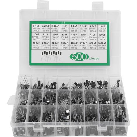Set mit 500 Elektrolytkondensatoren, 24 verschiedene Werte von 0,1 µF bis 1000 µF, Spannungen von 10 V bis 50 V