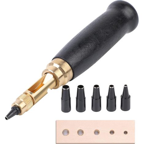 Punch À Vis Réglable - 6 Embouts En Laiton - Pour Cuir Papier Caoutchouc Plastique - Poignée En Bois Noir - 1 Pièce (1/5)