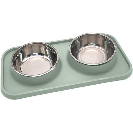 Gamelles doubles pour chien en acier inoxydable avec tapis anti-déversement en plastique (1/5)