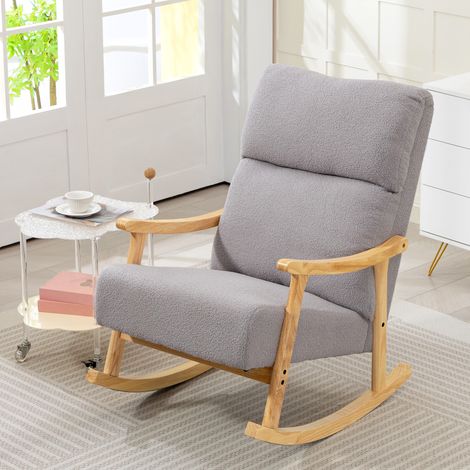 Silla Mecedora de Borreguito con Patas y Reposabrazos de Madera de Caucho Mecedora Carga 120 kg Gris Claro (1/5)