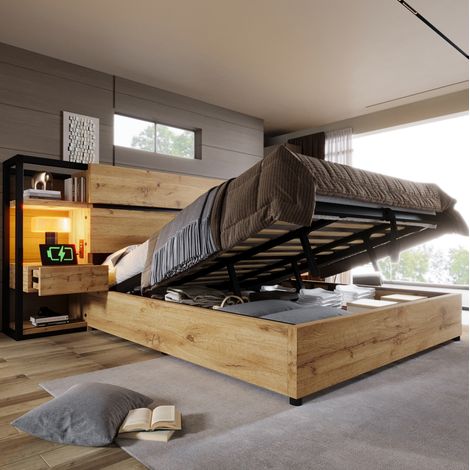Cama doble industrial MDF y metal color roble 180x200 cm con cabecero almacenaje, 2 cajones, USB/Type-C y arcón bajo cama (1/5)