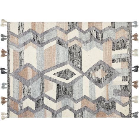 Alfombra kilim de lana gris azul beige 160 x 230 cm a mano borlas Aygezard