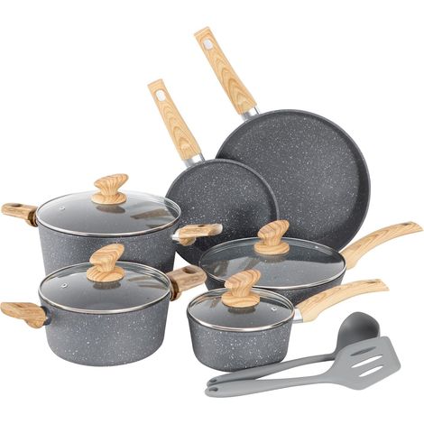 Kitchen Academy Topf und Pfannenset Topfset 12tlg Antihaft-Versiegelung Kochgeschirr Set mit Deckel, Töpfe und Pfannen set für Induktion, Gasherde und Mikrowelle, Grau