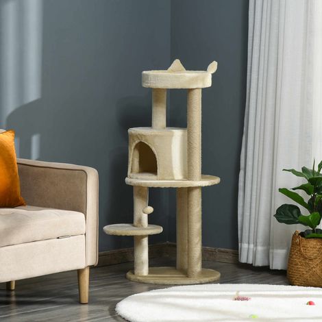 Grattoir Griffeur Arbre Chat 104 Plateformes Abri Poteaux Sisal Balle Crème Aménagement Extérieur 48x48x104cm