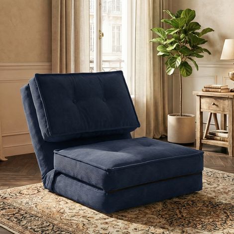 Fabulcozy Canapé Convertible 1 Place avec Dossier Réglable, Canapé Modulable pour Salon, Tissu en Velours Côtelé, Chambre ou Studio, Housse Amovible Facile à Nettoyer, 205×70×12cm, Bleu