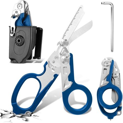 6-in-1 Klappschere, Notfallschere, klappbare taktische Zange mit Schneidemechanismus, Tragegurt und Notfall-Glasschalter (Blau)