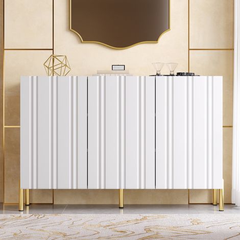 Aparador de 120x35,5x80 cm con 3 puertas, frente ranurado sin tirador, estantes ajustables, patas de metal dorado - blanco (1/5)