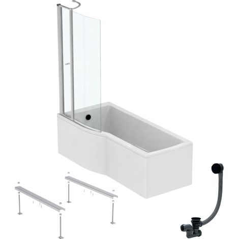 IDEAL STANDARD Connect Air 170 x 80 cm, bañera/ducha izquierda, conjunto + delantal + mampara con solapa + patas + desagüe, color negro.