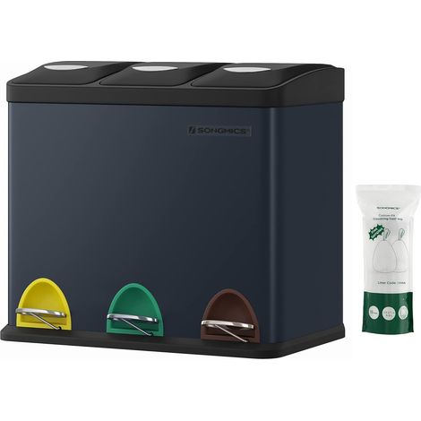 Poubelle Cuisine, Poubelle de Tri 3 x 8L, avec Couvercles, Poubelle Triple en Acier pour Les Petites Familles, Pédales et Seaux, Facile à Nettoyer, Gris