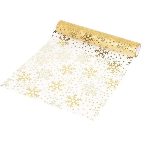 Chemin de table - Noël - Organza pailleté - Flocons de neige dorés - 15m x 28cm (1/5)