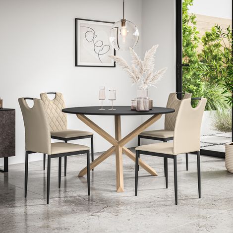 Malvern Round Dining Table And Chairs - Black Table Top w Solid Oak Legs + Monza Faux Leather Dining Chair Set Of 4 (Beige) (1/5)
