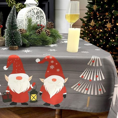 Weihnachts-Tischdecke 150x300cm Grau, abwischbar, mit Wichteln & Tannenbäumen