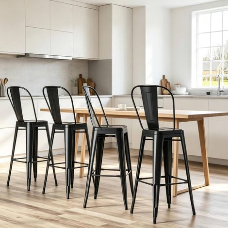 Set de 4 taburetes de bar apilables de metal negro con respaldo desmontable (1/5)