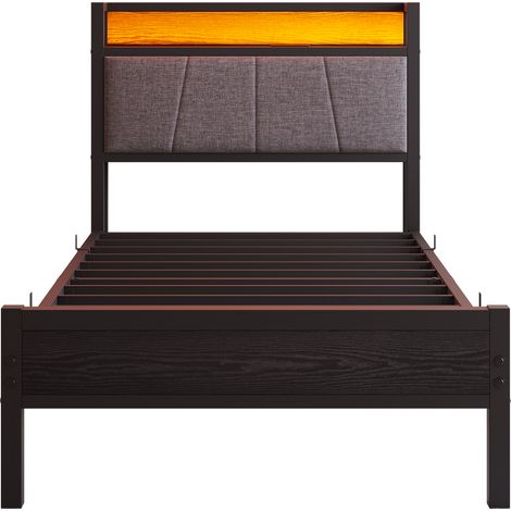 Cadre de lit 90x200cm avec LED intelligentes, tête de lit avec station de charge USB, plateforme de support à lattes métalliques robustes, silencieux, montage facile, pas de sommier requis