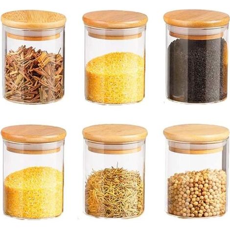 Bocaux en verre - Non spécifié - Lot de 6 - Couvercles en bambou - Étiquettes incluses - 150 ml (1/4)
