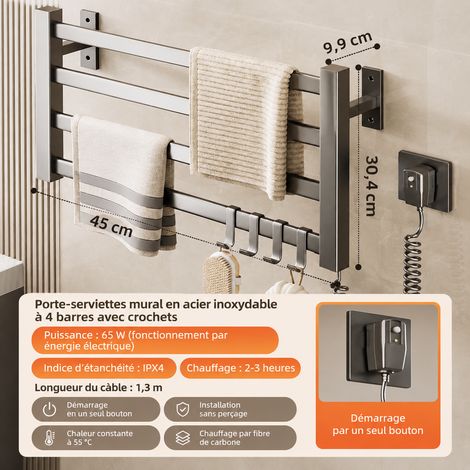 Sèche-Serviettes Électrique Gris Ciel Étoilé, Commande à Bouton - 4 Barres 45 cm Câble à Droite Aluminium 1 kg – Livraison gratuite (1/5)