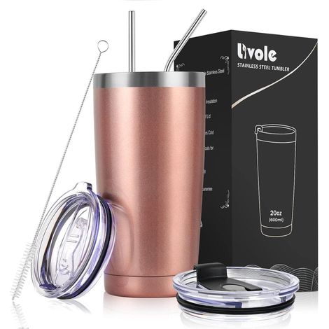 Thermosbecher 600ml Roségold mit 2 Deckeln und Strohhalmen (1/5)