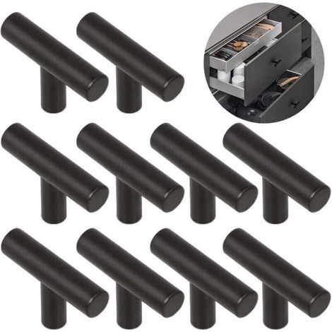 10 Pièces T Alliage Poignée Brossé Facile Poignées Porte D'armoire Meubles Monotrou Alliage Solide Durable, pour Tiroirs, Armoires, Placard, Armoires Chaussures, Tables Chevet—Noir Sable (1/4)