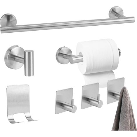 Juego de toallero 7 en 1, toallero de acero inoxidable con ganchos y portarrollos, juego de accesorios de baño de pared para baño y cocina. (1/5)