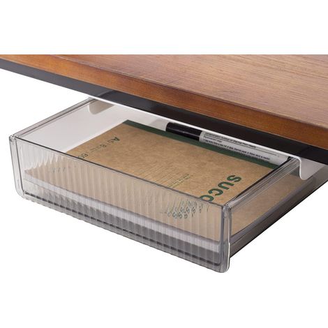 Tiroir Sous Bureau - 240 x 65 x 212 mm - Pour Table Avec Rebord Jusqu’à 45 mm - En PP et PET - Transparent Noir Clair - 1 Pièce (1/5)