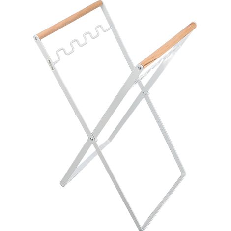 Support de sac poubelle pliable et portable, avec poignée en bois et caoutchouc, support en fer, aspect plat, pour une utilisation intérieure et extérieure (blanc). (1/5)