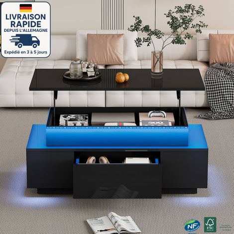 Mesa de centro elevable - Luz LED - Altura regulable con espacio de almacenamiento oculto y cajones - 96 x 45 x 40 cm - Negro (1/5)