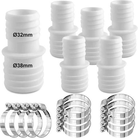 Raccords de tuyau - Ø32 mm à Ø38 mm - blanc - Embout de tuyau double - 12 colliers de serrage - Tuyau de piscine - Adaptateur - 6 pièces (1/5)
