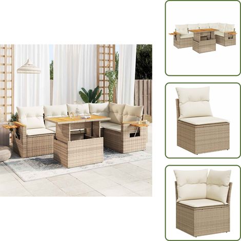 The Living Store 6-tlg. Garten-Sofagarnitur mit Kissen Beige Poly Rattan Akazie - Gartentisch (1/5)