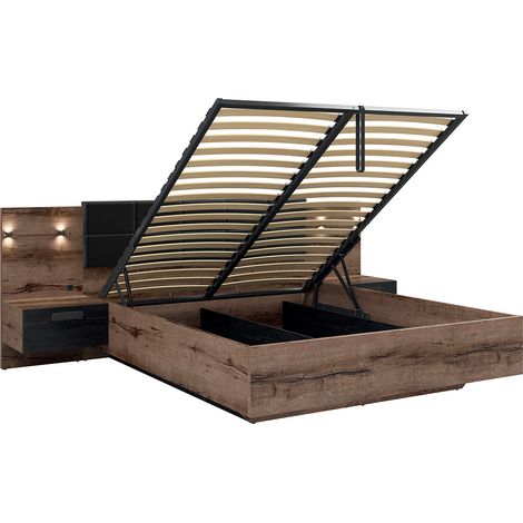 Cama canapé 160x200 con somier, mesita de noche LED y toma USB Romane Madera (1/4)