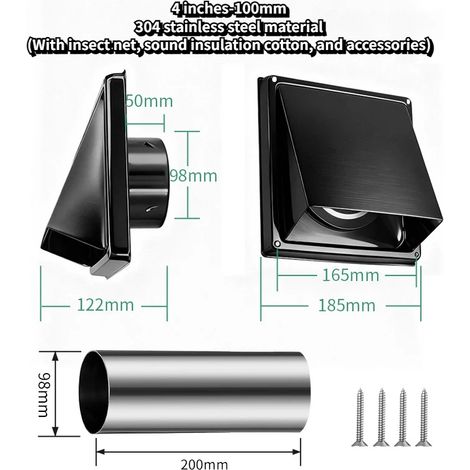 Grille d'aération en acier inoxydable 304 de 100 mm, grille d'évacuation d'air, avec clapet anti-retour intégré, moustiquaire et ouate insonorisante (1/5)