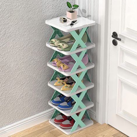 Tour à chaussures vertical 6 niveaux blanc et vert, étagère d'angle étroite gain de place, montage facile (1/5)