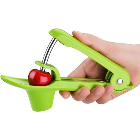 Denocciolatore per ciliegie e olive, con asta in acciaio inox e supporto in morbido silicone alimentare, ideale per preparare marmellate, cucinare, cuocere al forno e fare gelatine (verde) (1/5)