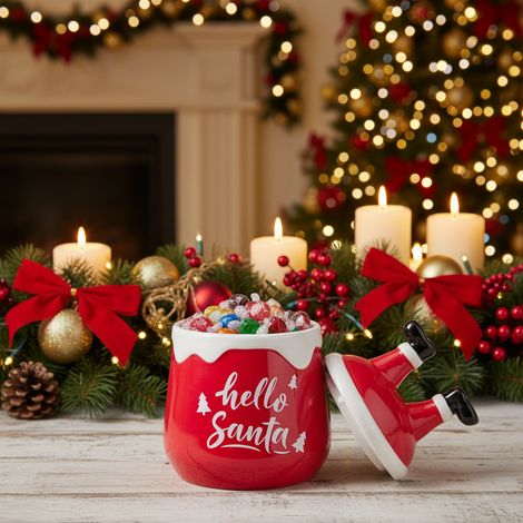 Barattolo in ceramica con coperchio di Babbo Natale a testa in giù e scritta natalizia da h 20 cm -Hohoho (1/5)