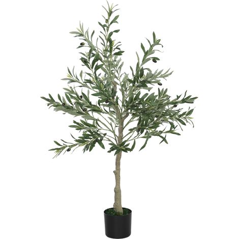Olivier artificiel décoratif, 120 cm, avec 450 feuilles et 20 olives en pot pour l'intérieur, vert (1/5)