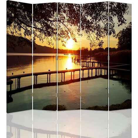 Paravent Zen: Coucher de Soleil Apaisant sur Rivière - 180 x 180 cm - 2 faces R° V°
