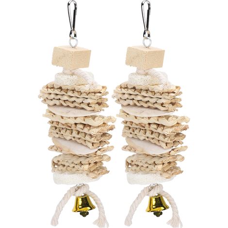 Lot de 2 jouets à mâcher pour oiseaux : perroquets, os de seiche, écorce de maïs, luffa, pendentif en ficelle, jouets à mâcher et à grimper (1/5)