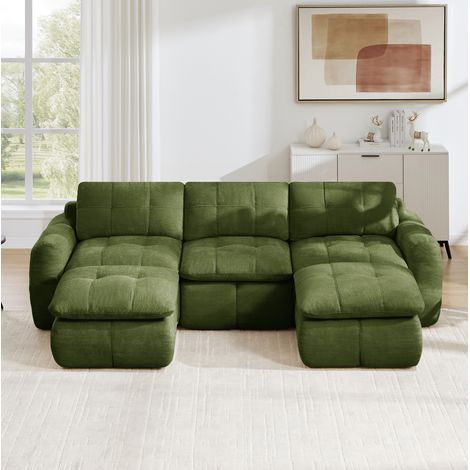 Canapé U modulable 3 places 264x160x68 cm en chenille vert, 2 ottomanes, gain de place – MEUBLIV (1/5)