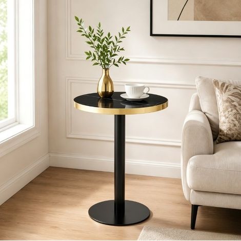 Tavolino rotondo 60x60x73.7 cm, effetto marmo, bordo dorato, struttura in metallo, nero (1/5)