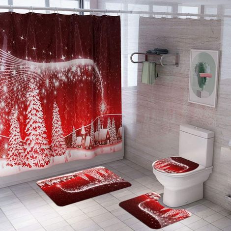 Set Baño Navidad - Cortina Ducha 180x180 Cm - Alfombra Baño 75x44 Cm - Funda Asiento Inodoro 44x38 Cm - Almohadilla Contorno 44x38 Cm - Rojo - 4 Piezas (1/5)