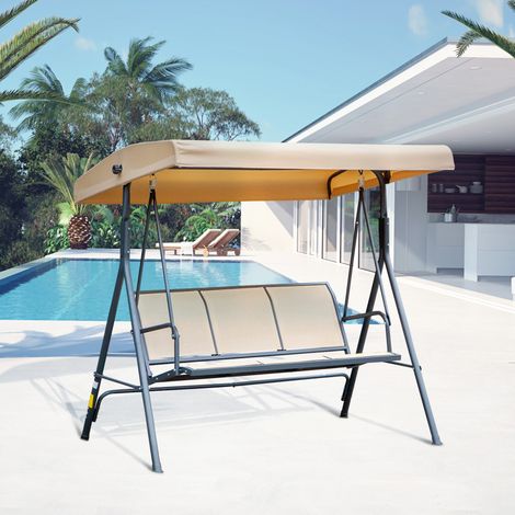 Outsunny 3-Sitzer-Gartenschaukelstuhl, besonders komfortabel, verstellbares Sonnendach, ergonomischer Sitz und Rückenlehne, epoxidbeschichteter Stahl und Textilene, Beige
