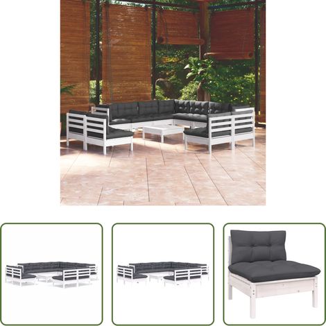 Terrassensofa - 12-tlg. Garten-Lounge-Set mit Kissen Weiß Massivholz Kiefer (1/5)