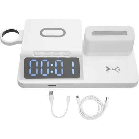 Réveil multifonction avec chargeur sans fil, veilleuse calendrier blanc pour téléphone, montre, écouteurs (1/5)