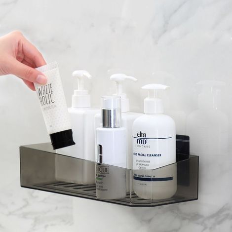 Etagere Douche Étagère De Douche en Verre Trempé Rectangulaire Organiseur Douche Rangement sans Clous, sans Dégâts, Panier pour Accessoires Cuisine Salle De Bains, Noir (1/4)
