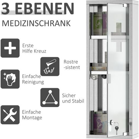 Armoire de toilette en inox avec vitre sécurisée, fermeture à clé, 3 étagères, boîte à pharmacie, 20 x 12 x 58 cm, gris métallisé