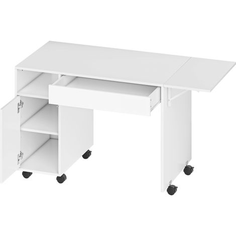 Bureau d'ordinateur sur roulettes, avec plateau rabattable, tiroir, armoire et compartiment, 130 x 58 cm, blanc (1/5)