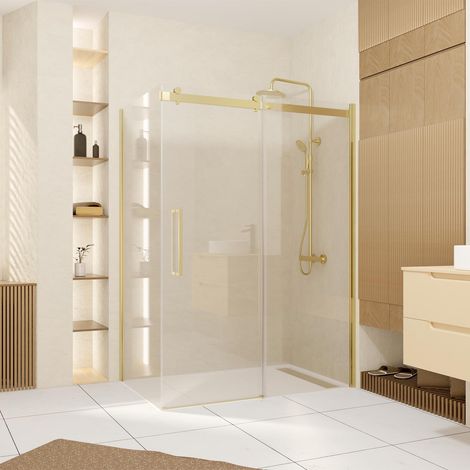 Puerta de Ducha corredera 140x200cm + Lateral 90cm - Oro Cepillado Dorado (1/5)