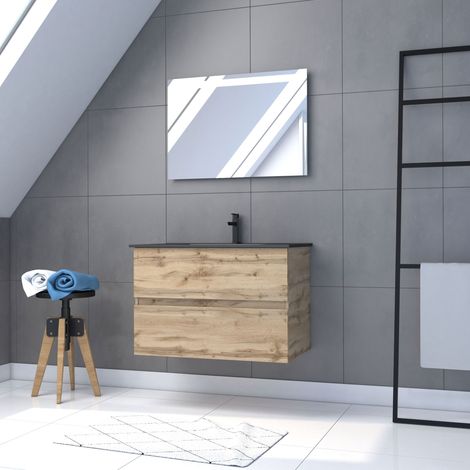 Mobile Bagno 80x54 cm - Finitura Rovere Naturale + Lavabo Nero + Specchio LED - TIMBER 80 - Pack12 (1/5)